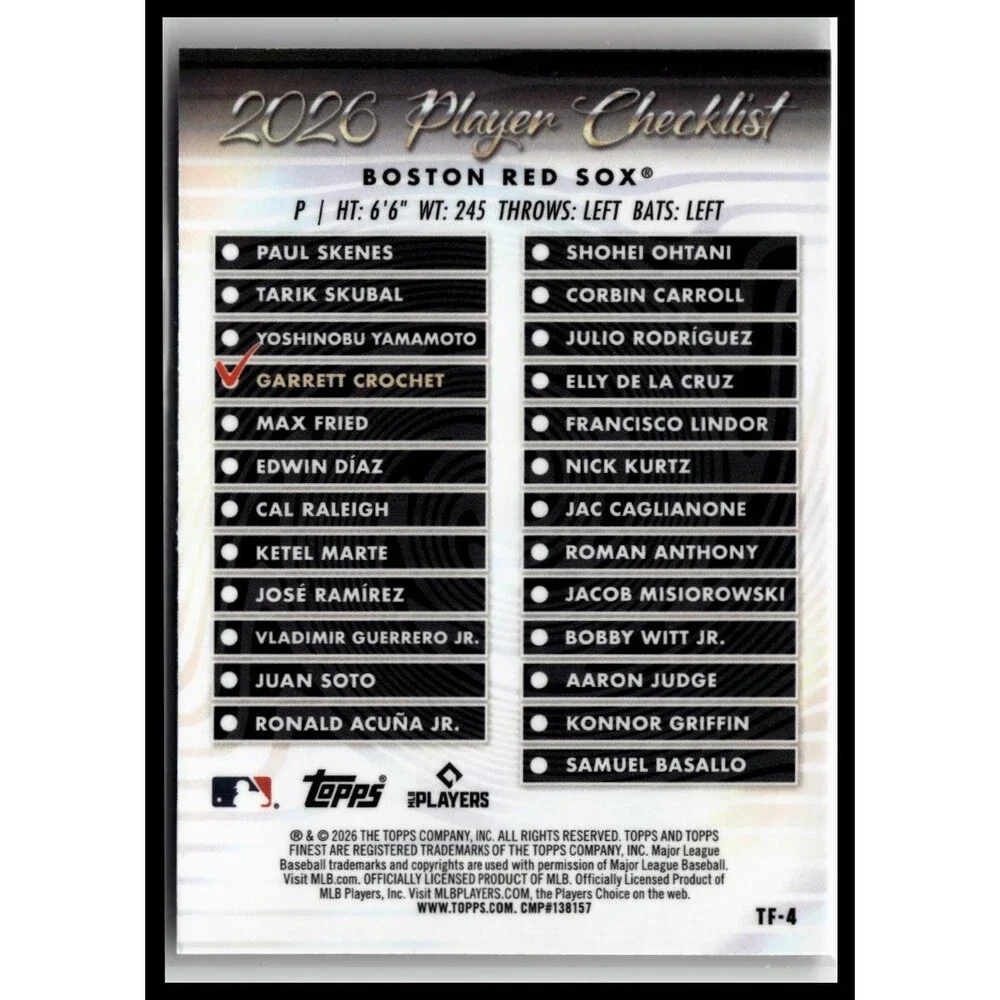 Topps 2026 Finest } Garrett Crochet Topps Team Finest